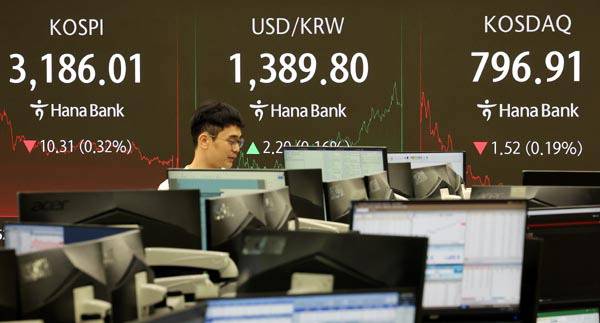 지난달 29일 서울 중구 하나은행 딜링룸 현황판에 코스피 지수 등이 표시되고 있다. 이날 코스피 지수는 전 거래일 대비 10.31포인트(0.32%) 내린 3,186.01에, 코스닥은 1.52포인트(0.19%) 내린 796.91에 장을 마감했다. 연합뉴스