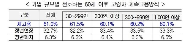 한국경영자총협회가 조사한 ‘고령자 계속고용에 대한 기업 인식 및 실태 조사’ 중 기업 규모별 선호하는 60세 이후 고령자 계속고용방식. 경총 제공.