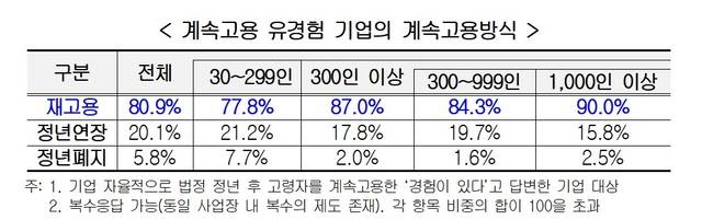 한국경영자총협회가 조사한 ‘고령자 계속고용에 대한 기업 인식 및 실태 조사’ 중 계속고용 유경험 기업의 계속고용방식. 경총 제공.