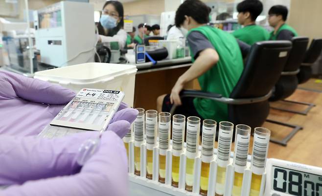 지난해 9월 인천 미추홀구 인천병무지청 진단검사의학실에서 임상병리사가 입영판정검사 대상자들의 소변을 검체로 간이 검사 키트를 활용해 마약 검사를 하고 있다. 병무청은 지난해 7월부터 입영판정검사 대상자와 현역병모집 신체검사 대상자 모두 마약 검사 의무화를 시행하고 있다./연합뉴스