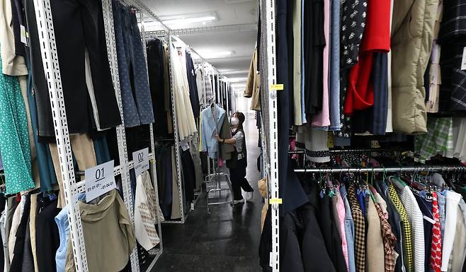 지난달 12일 경기 성남에 있는 리세일 전문 스타트업 ‘마들렌메모리’ 물류센터 내 창고에서 직원이 세탁을 마친 옷들을 정리하고 있다. 이 옷들은 온라인 판매를 통해 새 주인을 찾게 된다. / 고운호 기자