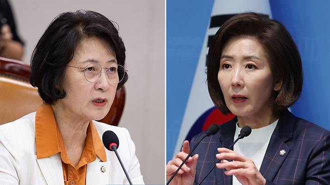 더불어민주당 소속 추미애 법제사법위원장(왼쪽)과 최근 법사위 국민의힘 간사로 추대된 5선의 나경원 의원. /조선DB