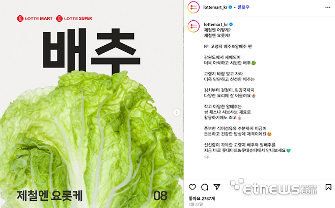 ▲ 완성도 높은 정보 전달 강점, 고객과 양방향 교류 확대 필요(롯데마트 인스타그램)