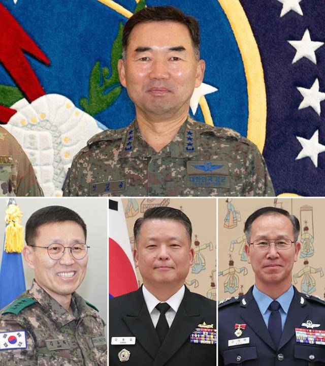 정부가 군 수뇌부 인사를 1일 발표했다. 맨 위 사진은 합참의장에 내정된 진영승 전략사령관, 사진 아래 왼쪽부터 육군총장에 내정된 김규하 미사일전략사령관과 해군총장에 내정된 강동길 합참 군사지원본부장, 공군총장에 내정된 손석락 공군 교육사령관. 연합뉴스