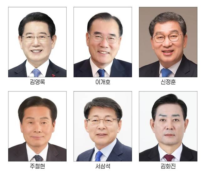 ▲ (왼쪽부터) 김영록 현 전남도지사, 이개호 국회의원, 신정훈 국회의원, 주철현 국회의원, 서삼석 국회의원, 김화진 국민의힘 전남도당위원장 [나무위키]