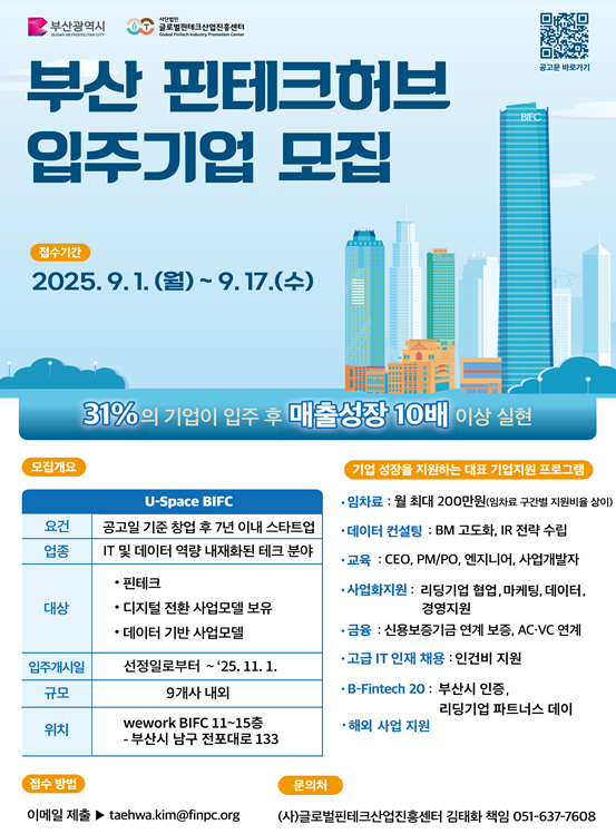 부산시는  핀테크 분야 기업의 성장을 지원하는 ‘부산 핀테크 허브’에 입주할 기업 9개 사를 오는 17일까지 모집한다. [부산광역시 제공]