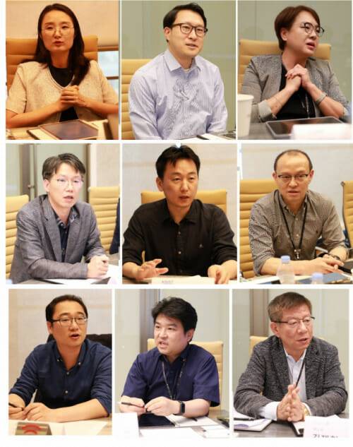 퀀텀3.0 좌담회 참석자들. 맨 위줄부터 좌에서 우로 과기정통부 유주연 사무관, 한국연구재단 백승욱 단장, IQM 김영심 한국지사장, ETRI 윤천주 본부장, KAIST 배준우 부교수, 오리엔텀 방승현 대표, 이화여대 최태영 교수, 아이티센 정상곤 소장, 큐노바 김재현 부사장.