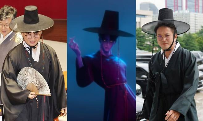 왼쪽부터 모경종 더불어민주당 의원, ‘케데헌’ 속 저승사자로 만들어진 보이그룹 ‘사자보이즈’, 전용기 민주당 의원. 연합뉴스, 넷플릭스 유튜브 갈무리, 전용기 의원 페이스북 갈무리