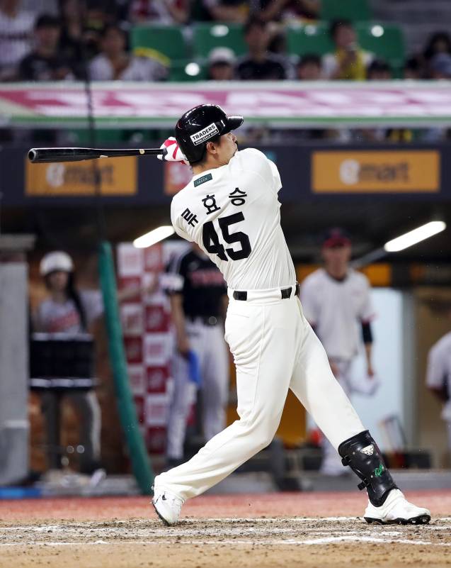 190㎝가 넘는 큰 키로 엄청난 장타를 만들어내는 류효승의 스윙. SSG 제공