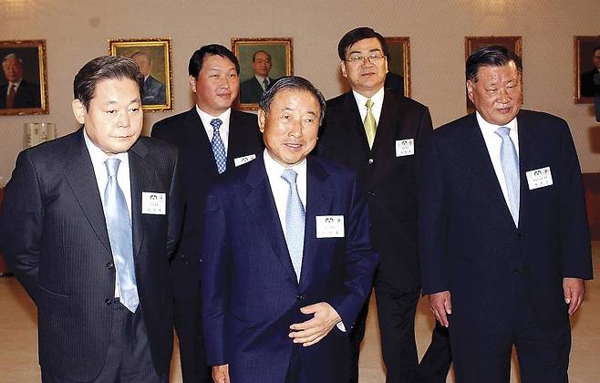 Conglomerate heads of the top five conglomerates of Korea walk into the main hall of the Blue House before a meeting with former President Roh Moo-hyun on May 25, 2004. Conglomerates often enjoyed a close relationship with the political sphere in Korea. [JOONGANG ILBO]