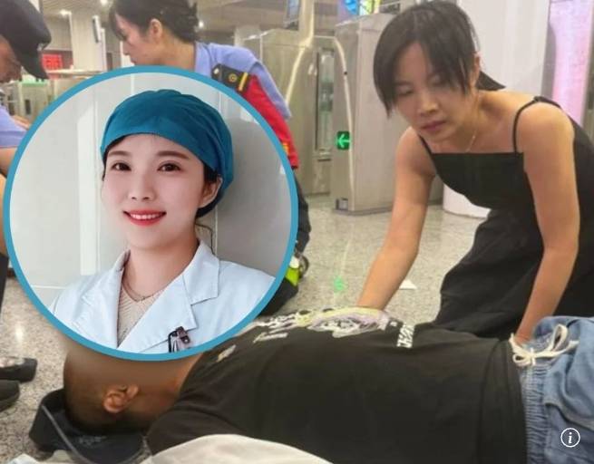 중국 난징 남부에 있는 한 기차역에서 남성 승객이 간질 발작을 일으키자 인근을 지나던 간호사 리 멩지가 응급조치를 하는 모습. [사진 출처 = SCMP 캡처]