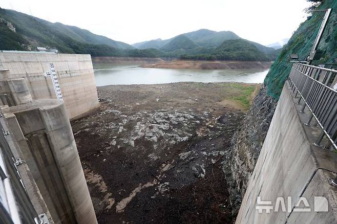 [강릉=뉴시스] 조성봉 기자 = 극심한 가뭄으로 인해 26일 강원 강릉시 성산면 오봉저수지가 바닥을 드러내고 있다. 20205.08.26. suncho21@newsis.com