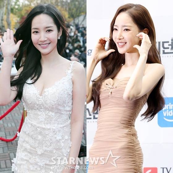 2017년 11월 '2017 AAA(Asia Artist Awards)' 레드카펫 참석 당시 박민영(왼쪽)과 2025년 9월 TV조선 드라마 '컨피던스맨 KR' 제작발표회 참석 당시 박민영 /사진=스타뉴스