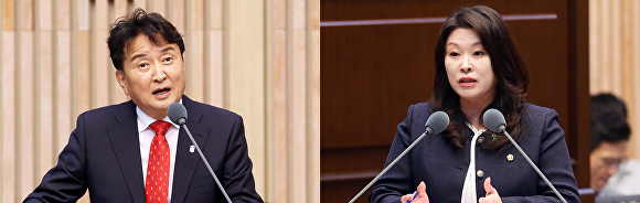 3일 충북도의회 대집행기관 질의 응답을 하고 있는 김영환 충북지사와 더불어민주당 박진희 충북도의원(왼쪽부터). [사진=충북도의회]