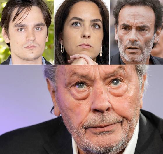 알랭 들롱(아래)과 자녀들. 왼쪽부터 알랭 파비앙 들롱, 아누슈카 들롱, 앙토니 들롱. AFP=연합뉴스