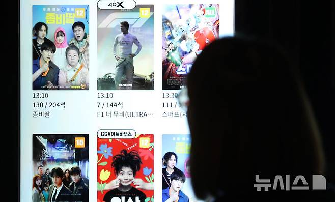 [서울=뉴시스] 김혜진 기자 = 11일 서울 용산구 CGV 용산아이파크몰 티켓 판매기에 영화 '좀비딸'의 상영 정보가 표시되고 있다.11일 영화진흥위원회 통합전산망 집계에 따르면, 영화 '좀비딸'(감독 필감성)이 개봉 2주차 주말동안 84만491명의 관객을 동원하며 이 기간 박스오피스 1위를 기록했다. 누적 관객 335만1,404명이다. 지난 9일에는 개봉 11일 만에 300만 관객을 돌파하며 올해 최단 기록을 경신했다. 2024.10.21. jini@newsis.com