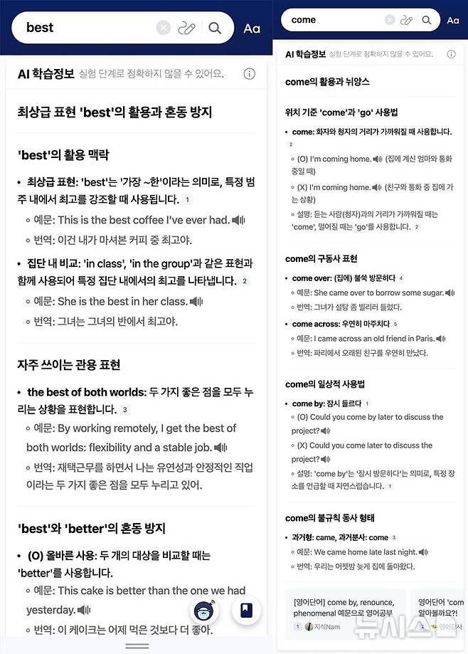 [서울=뉴시스] 3일 네이버에 따르면 네이버 영어사전은 이날 서비스 업데이트를 진행해 'AI 학습정보' 기능 등을 추가했다. (사진=네이버 제공)