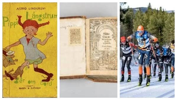 동화책 '말괄량이 삐삐'와 최초의 스웨덴어 성경 구스타프 바사 성경, 장거리 크로스컨트리 스키 대회인 바사로펫(왼쪽부터).