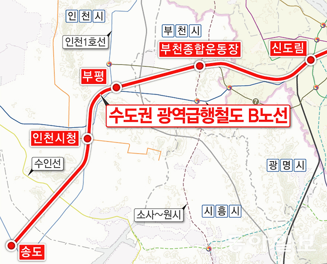 수도권 광역급행철도(GTX)-B 인천 구간 노선도. 인천대입구역에서 마석역까지 82.8㎞를 잇는 노선으로, 인천시청역·부평역·부천종합운동장역·신도림역·용산역·서울역·청량리역 등을 지난다. 인천시 제공