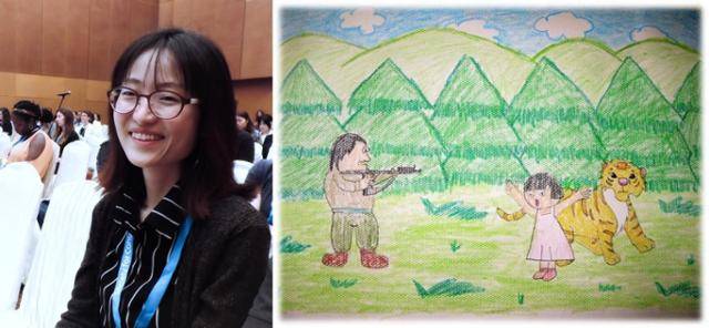 임정은(왼쪽 사진) 국립생태원 멸종위기종복원센터 선임연구원이 현장 연구를 위해 중국 훈춘 마을에 방문했을 당시, 어린이가 그려준 그림. 임 연구원은 이 그림을 야생생물과의 공존 중요성을 이야기할 때 사용한다. 임정은·다산초당 제공