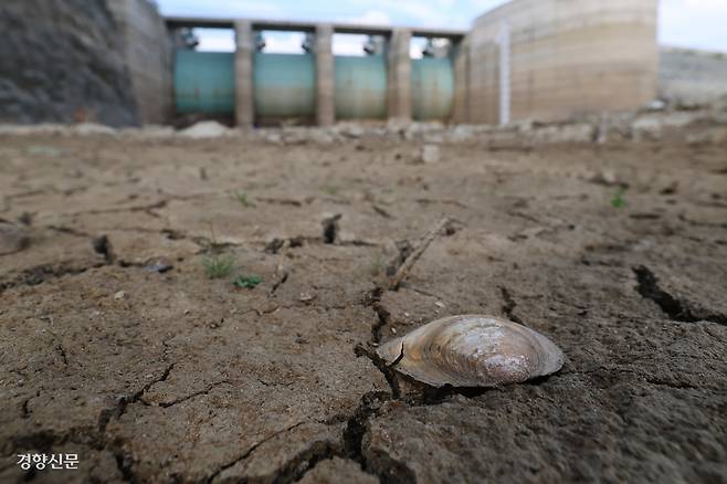 지난달 31일 강원 강릉시의 상수원인 오봉저수지 바닥이 말라 있다. 정효진 기자
