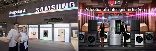 5~9일(현지시간) 독일 베를린에서 열리는 가전전시회 ‘IFA 2025’에 참가하는 삼성전자의 ‘비스포크 AI’ 냉장고 등을 모델들이 소개하고 있다(왼쪽 사진). LG전자 전시관 입구에 ‘LG AI 홈’을 형상화한 ‘LG AI 가전의 오케스트라’ 연출 공간에서 모델들이 포즈를 취하고 있다. 각 사 제공