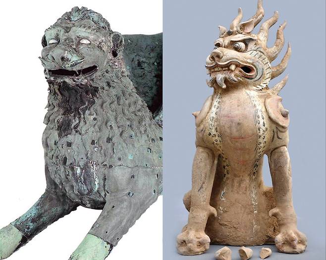 베니스 사자 조각상(좌)과 중국 수호신 조각상(우) [스카르피(1990) / 핑량 링타이현 박물관=클라크 미술관]