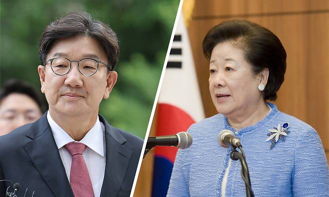 (왼쪽부터)권성동 국민의힘 의원과 한학자&nbsp;세계평화통일가정연합선교회(통일교) 이사장 ⓒ연합뉴스·시사저널 양선영 디자이너