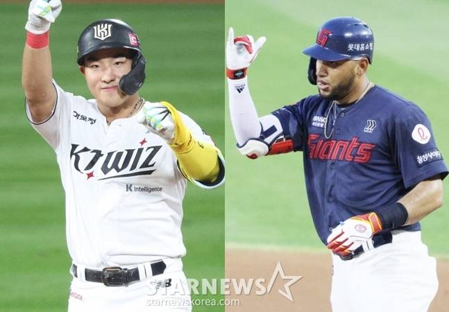 KT 안현민(왼쪽)-롯데 빅터 레이예스. /사진=김진경 대기자