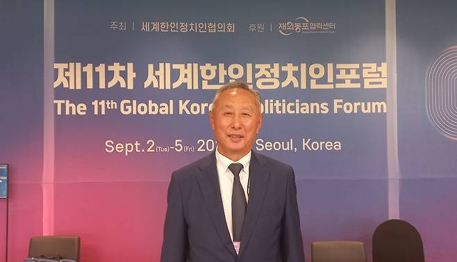 김 게오르기 카자흐스탄 상원의원 평의회 위원 (서울=연합뉴스) 박현수 기자 = 서울 더플라자호텔에서 열리고 있는 '제11차 세계한인정치인포럼'에 참가한 김 게오르기 카자흐스탄 상원의원 평의회 위원이 3일 연합뉴스와 인터뷰를 하고 있다. 2025. 09. 03. phyeonsoo@yna.co.kr