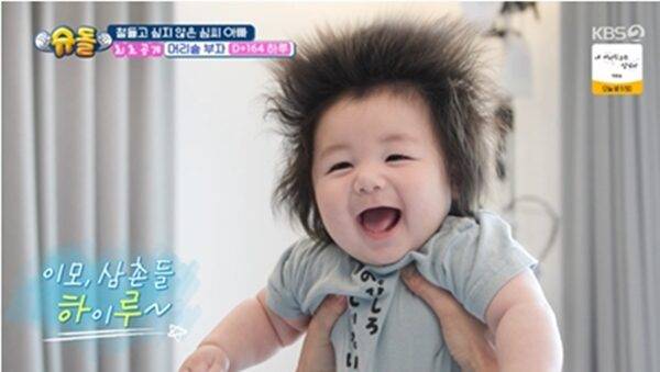 심형탁 아들 하루는 빽빽한 머리숱이 트레이드마크다. [사진-KBS2 '슈돌']