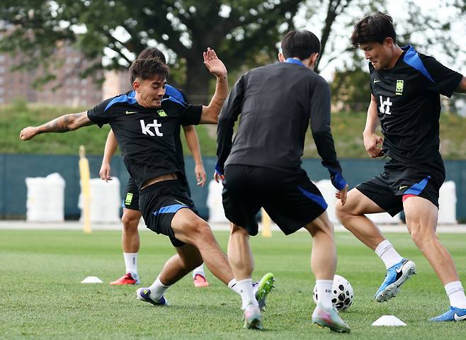 볼 다툼하는 옌스 카스트로프-김민재

    (뉴욕=연합뉴스) 윤동진 기자 = 2일(현지시간) 미국 뉴욕주 아이칸 스타디움에서 진행된 한국 축구 대표팀 훈련에서 옌스 카스트로프가 김민재와 볼 다툼을 하고 있다. 2025.9.3
