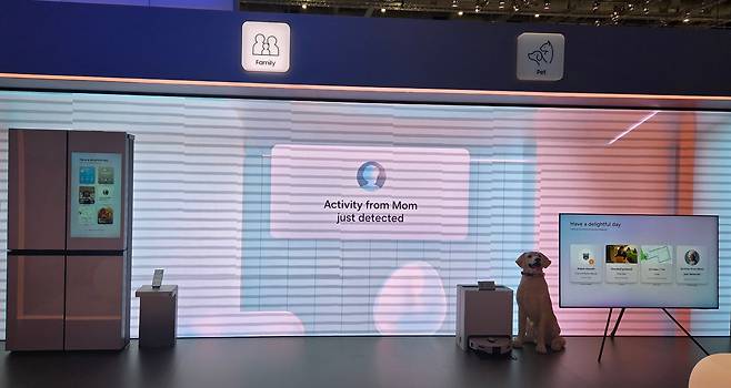 독일 베를린에서 열리는 'IFA 2025' 삼성전자 전시관에 시연된 기기간 연결 시나리오. 부모 집에서 냉장고 문이 열리는 등 가전 사용 활동이 감지되면 자녀에게 '엄마의 활동이 방금 감지됐다'는 알림이 울리는 모습./베를린=최지희 기자