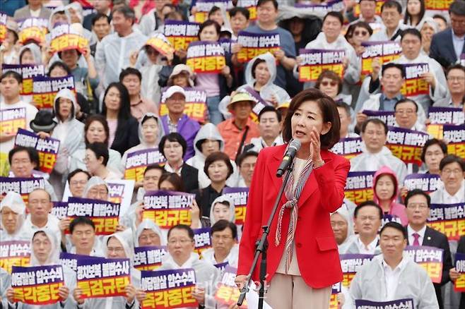 나경원 국민의힘 의원이 4일 오전 국회본청 앞 계단에서 열린 국민의힘 야당말살 정치탄압 특검수사 규탄대회에서 규탄 발언을 하고 있다. ⓒ데일리안 홍금표 기자