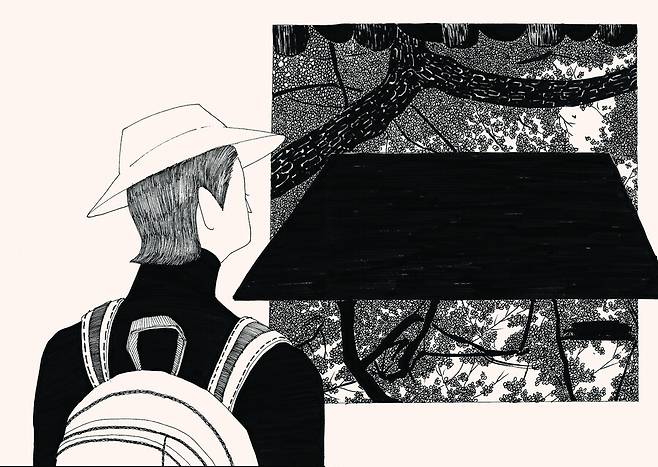 경기도 남양주시에 있는 수종사 안 해우소에서 바라본 창밖 풍경을 그린 그림. 휴머니스트 제공