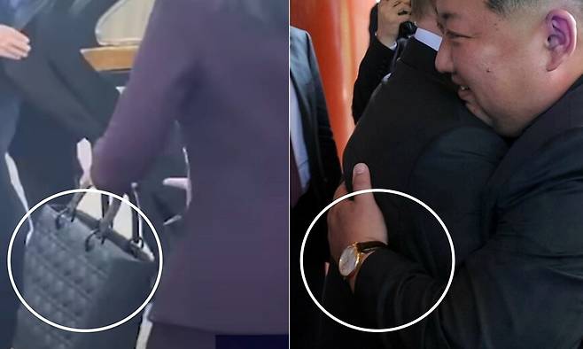 3일 방중 일정에서 디올 백을 든 김여정 북한 노동당 부부장. 김정은 북한 국무위원장과 블라디미르 푸틴 러시아 대통령이 3일 베이징 댜오위타이 국빈관에서 회담을 가질 때 포옹하는 모습. 에스비에스(SBS) 뉴스 유튜브 갈무리, 조선중앙통신 연합뉴스