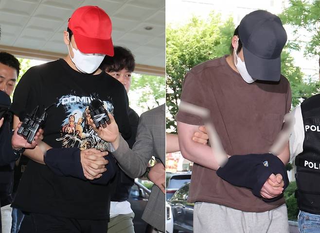 초등학생들을 유괴하려 한 혐의로 긴급체포된 20대 남성 3명 중 A씨와 B씨가 5일 오전 서울서부지방법원에서 열린 구속 전 피의자심문(영장실질심사)에 출석하고 있다. 뉴스1