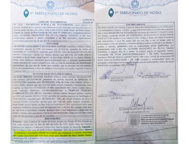 네이마르를 상속인으로 지정한 억만장자의 유언장 [더선 캡처]