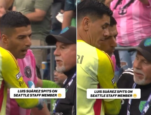 인터 마이애미의 루이스 수아레스가 1일 시애틀 사운더스와의 리그스컵 결승에서 패한 뒤 상대팀 스태프에게 침을 뱉고 있는 모습. 엑스(X) 캡처
