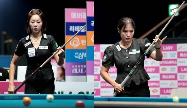 5일 경기도 고양시 고양 킨텍스 PBA 스타디움에서 열린 프로당구 2025-26시즌 4차투어 'SY 베리테옴므 PBA-LPBA 챔피언십' LPBA 8강전에 출전한 김가영(좌)과 스롱 피아비(우). /사진=PBA