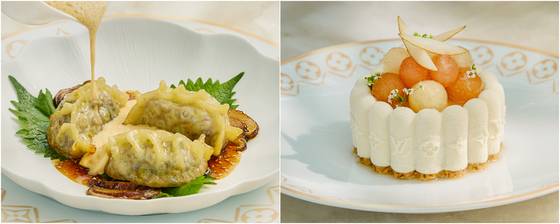 (왼쪽) 모노그램이 인상적인 ‘비프 만두’ 소고기로 속을 채우고 간장과 참기름 육수를 곁들여 전통 만두를 재해석했다. (오른쪽) 배 콩포트와 페퍼 초콜릿 크리스프, 아몬드 바닐라 비스킷을 더한 디저트 ‘페어 샬롯’. 사진 루이 비통