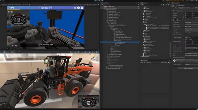 HD현대인프라코어가 유니티 에디터를 통해 3D 모델링을 구현하고 있다. 사진= HD현대인프라코어