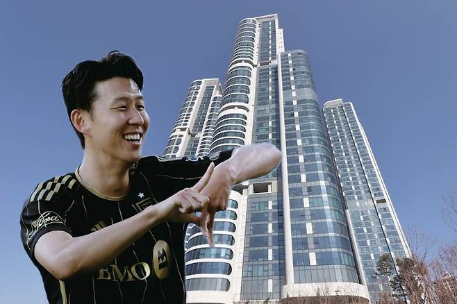 축구선수 손흥민과 서울 성동구 성수동 ‘트리마제’ 단지 전경. [로스앤젤레스FC 공식 인스타그램·네이버 부동산갤러리]