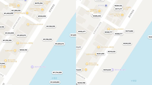 5일 에어비앤비에 따르면 불꽃축제 당일(11월 15일·왼쪽) 하루 숙박비는 100만 원 안팎으로 형성돼 있다. 해당 업소들의 10월 주말 평균 숙박비(오른쪽)는 1박에 20만~30만 원 수준인 것으로 알려졌다. 에어비앤비 갈무리