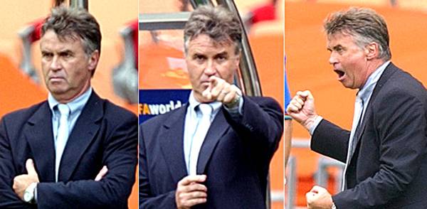 지난 2002년 6월 10일 대구 월드컵경기장에서 열린 미국전에서 전반전에 미국에게 한골을 허용한 후의 히딩크 감독(좌), 작전지시를 하는 히딩크 감독(중), 후반에 안정환이 동점골을 넣은  후 환호하는 히딩크 감독. 2002.6.10 /연합뉴스