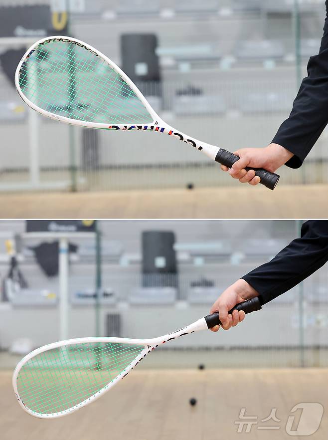 김승욱 스쿼시 지도자가 4일 인천 부평구 열우물스쿼시경기장에서 뉴스1과 인터뷰에 앞서 스쿼시 포핸드의 올바른 자세(윗쪽)와 잘못된 자세를 설명하고 있다. 2025.8.4/뉴스1 ⓒ News1 황기선 기자