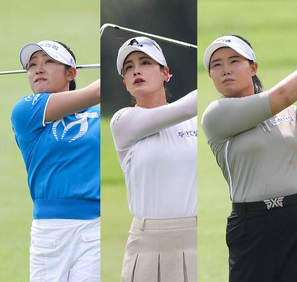 2025년 한국여자프로골프(KLPGA) 투어 메이저 대회 KB금융 스타챔피언십 우승 경쟁에 뛰어든 디펜딩 챔피언 유현조, 그리고 박결, 임희정 프로가 3라운드에서 경기하는 모습이다. 사진제공=KLPGA (이미지를 무단으로 사용하지 마십시오)
