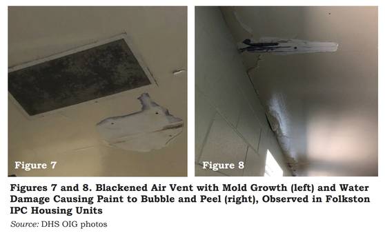 미국 이민 당국에 체포된 한국인 300여명 중 대부분이 수감된 미국 조지아주 포크스턴의 이민세관단속국(ICE) 시설. 곰팡이로 까매진 환기구와 누수 피해를 입은 천장이 보인다. 이 사진은 2021년 11월 진행된 미국 국토안보부(DHS)의 감사 당시 촬영됐다. 美 국토안보부=연합뉴스