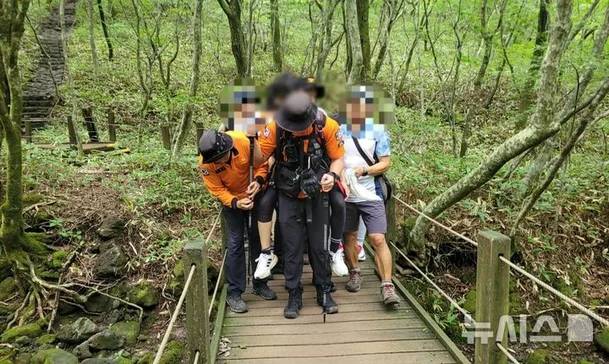 6일 오전 제주 한라산 관음사탐방로에서 소방당국이 벌에 쏘인 탐방객을 부축해 이송하고 있다. 제주소방안전본부 제공