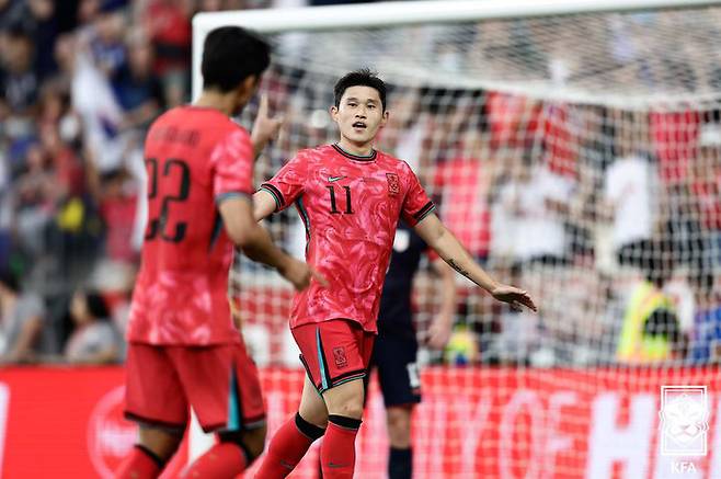 [서울=뉴시스] 김진아 기자 = 이동경이 6일(현지 시간) 미 뉴저지주 해리슨 스포츠 일러스트레이티드 스타디움에서 열린 한국과 미국의 친선경기에서 추가골을 넣은 후 기뻐하고 있다. (사진=대한축구협회 제공) 2025.09.07. photo@newsis.com *재판매 및 DB 금지